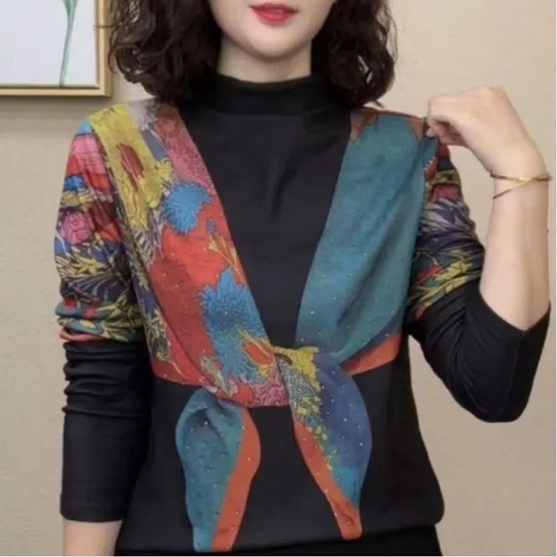 Autumn and Winter New Fashion Fake Two-piece Printed Western-style Long-sleeved Half Turtleneck Bottoming Shirt Top