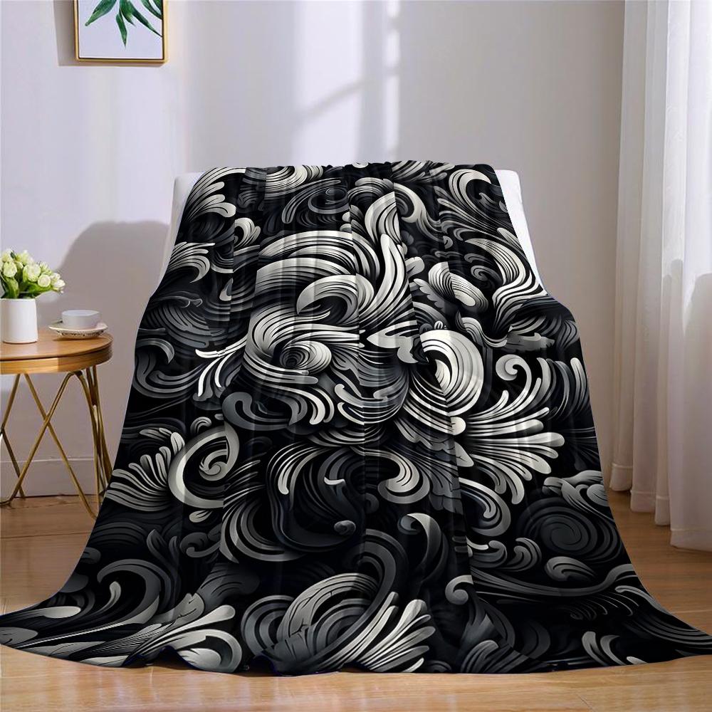 Monochrome Swirl Flourish Flannel Blanket Warm Soft Halloween Christmas Couch Warm Cozy Decorative Decor Gift for All Season