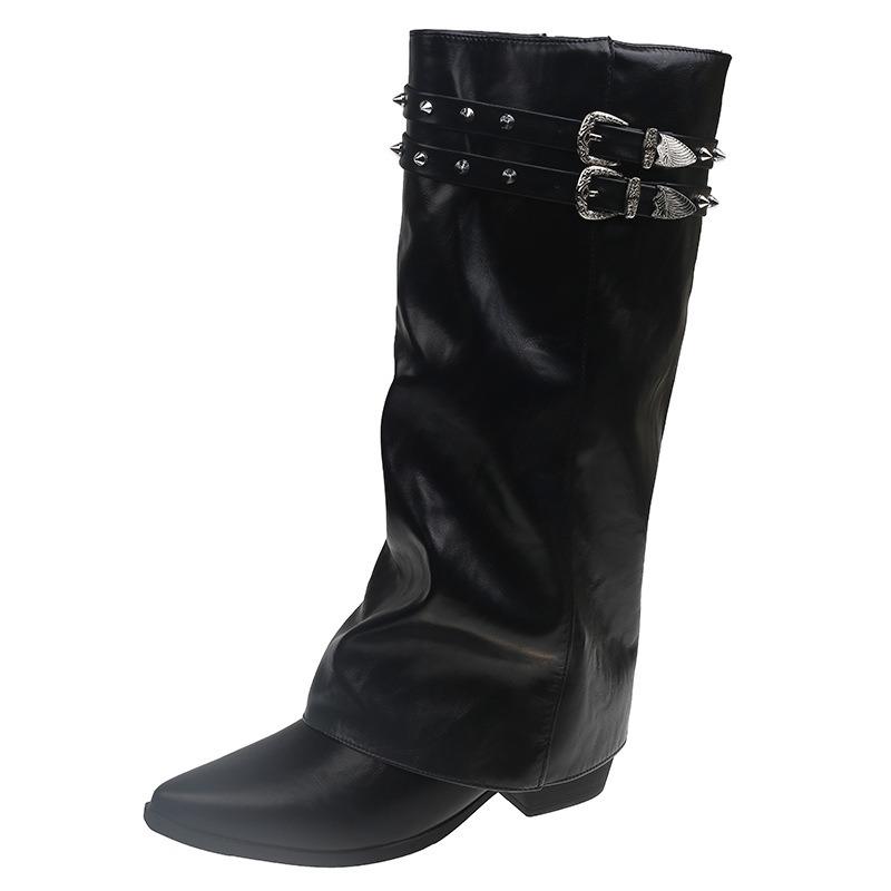 Cowhide Version Brown Trouser Boots Women's Pointed Head Thick Heel Slim Boots Spice Girl Style Knight Boots Western Cowboy Boots