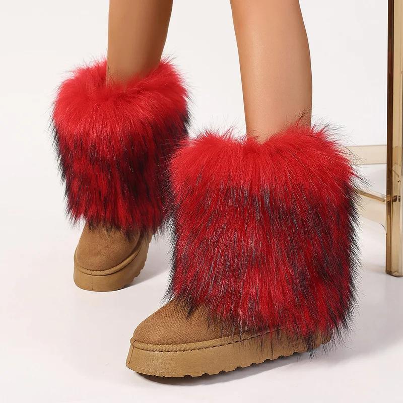 Winter women faux fur snow boots warm short plush lining fluffy fashion furry shoes woman platform suede leather ankle boots