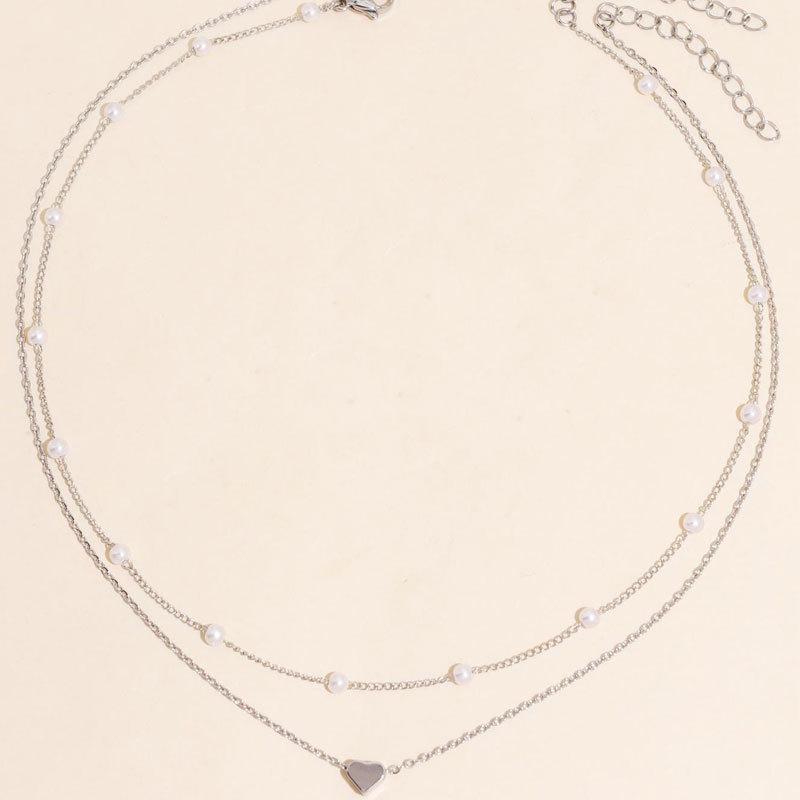 Double-Layer Heart Pendant Pearl Choker Necklace for Women