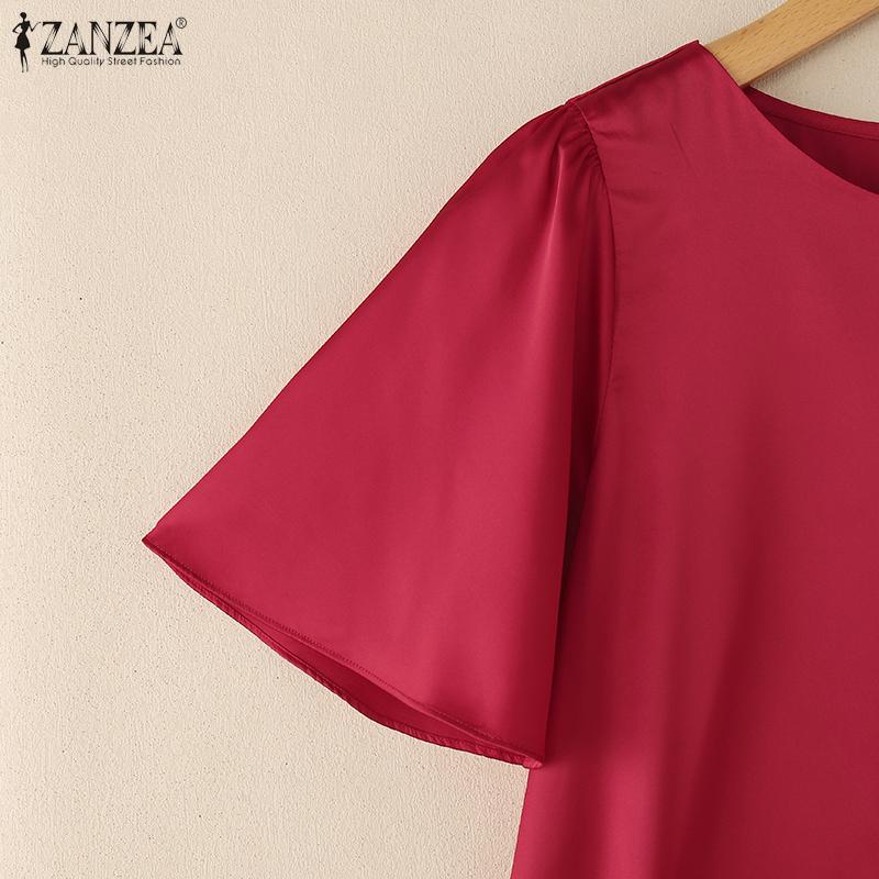 ZANZEA Women Casual Round Neck Summer Short Sleeve Plain Blouse
