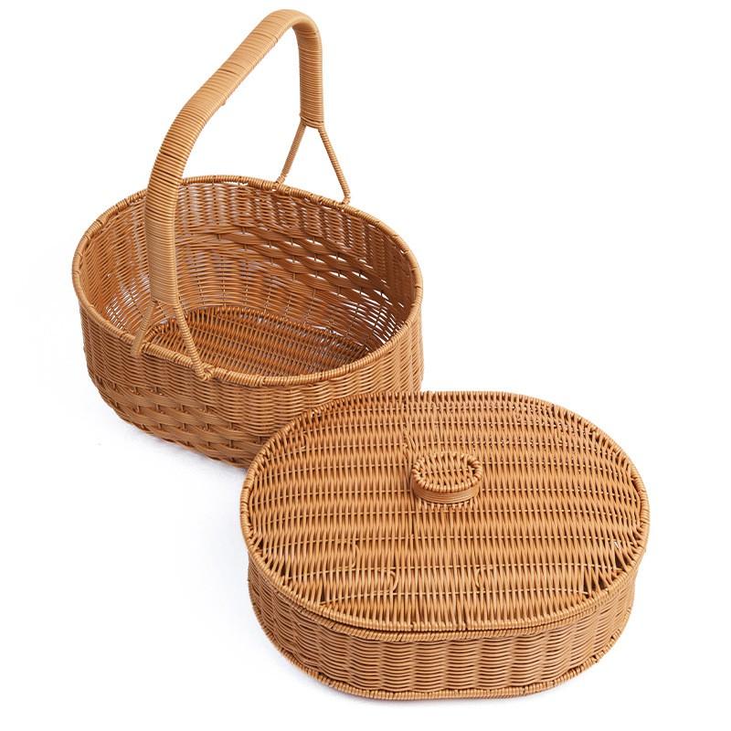 Oval Double-Layer Picnic Basket PP Wicker-Style Storage Tote Fruits Vegetables Outdoor Camping