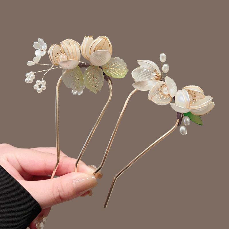 U Shape Jade Orchid Hairpin For Women Vintage Chinese Style Wrapping Flower Hairpin Handmade Metal Jewelry Hair Accessory