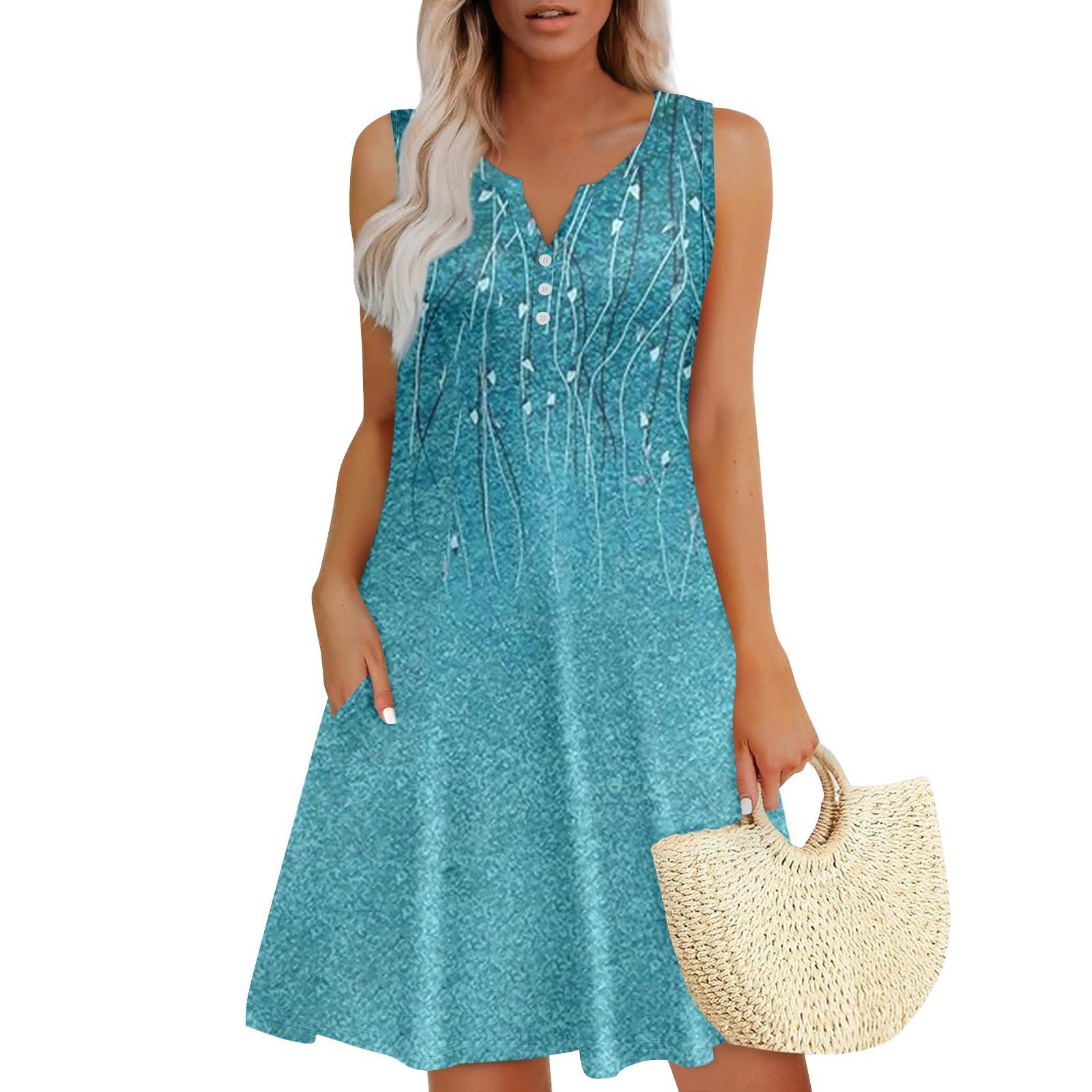 

Женские летние платья Свободные сарафаны без рукавов с V-образным вырезом Платье с карманами XXXL синий