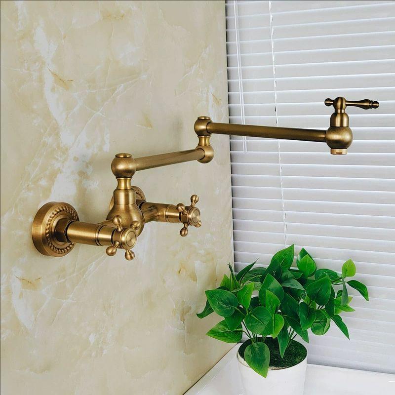 Antique Kitchen Foldable Faucet Wall Mounted Bathroom Basin Faucet hot and cold Water Tap Rotate Folding Spout Vanity Sink Crane