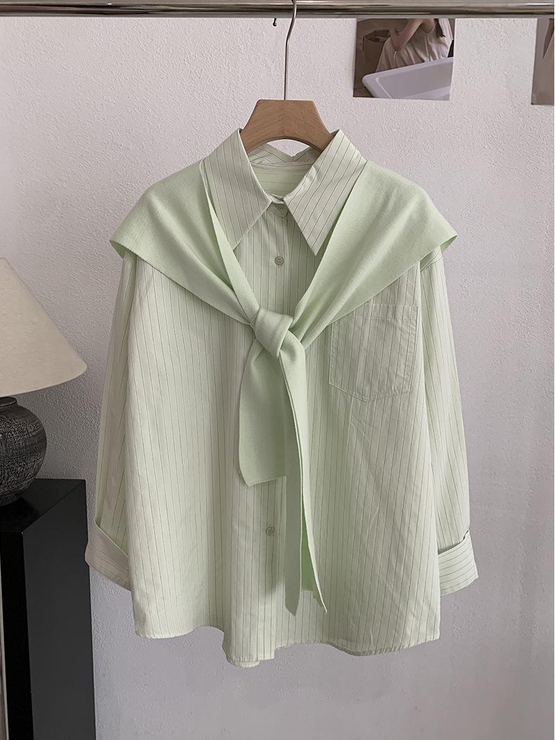 Oumalai 2026 Spring Vertical Stripe Long Sleeve Shirt with Knit Shawl