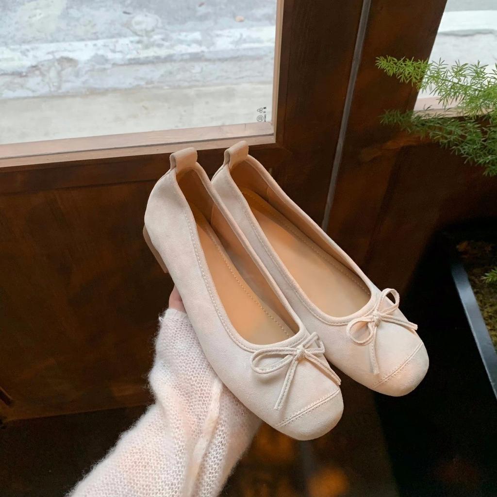Cowhide version~ French bow leather soft-soled ballet shoes women's small heel single shoes Mary Jane ballet flats