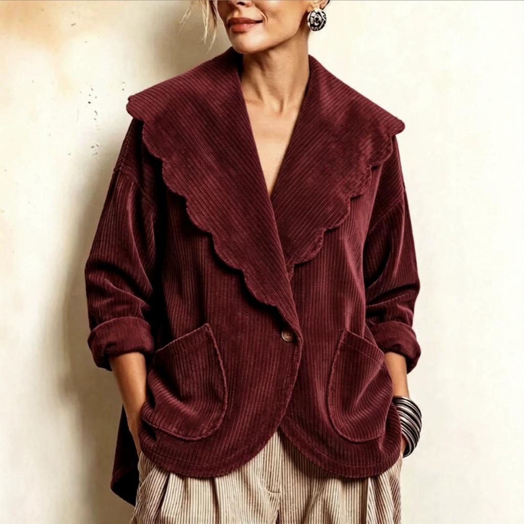 Cardigan da Donna in Velluto a Coste Giacca Larga con Collo Ondulato e Tasche per Autunno Inverno Abbigliamento Casual