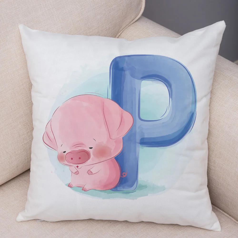 Cute Cartoon Animal Cushion Cover for Children Room Water Color English Letter Print Pillow Case Short Plush Pillowcase 45x45cm