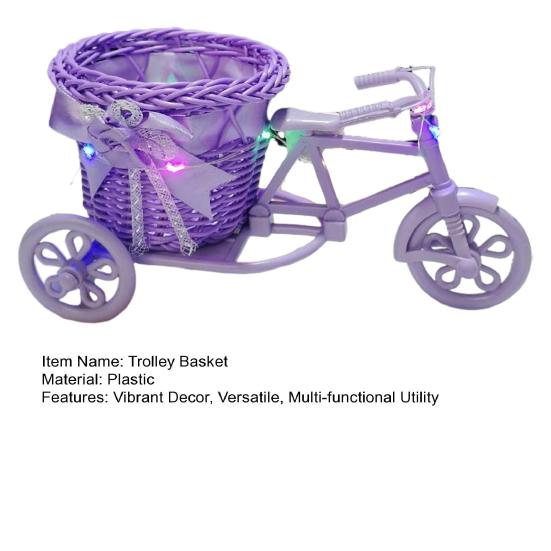 Rattan Trolley Flower Basket Decorative Tricycle with Colorful Flowers Woven Container Home Office Decor