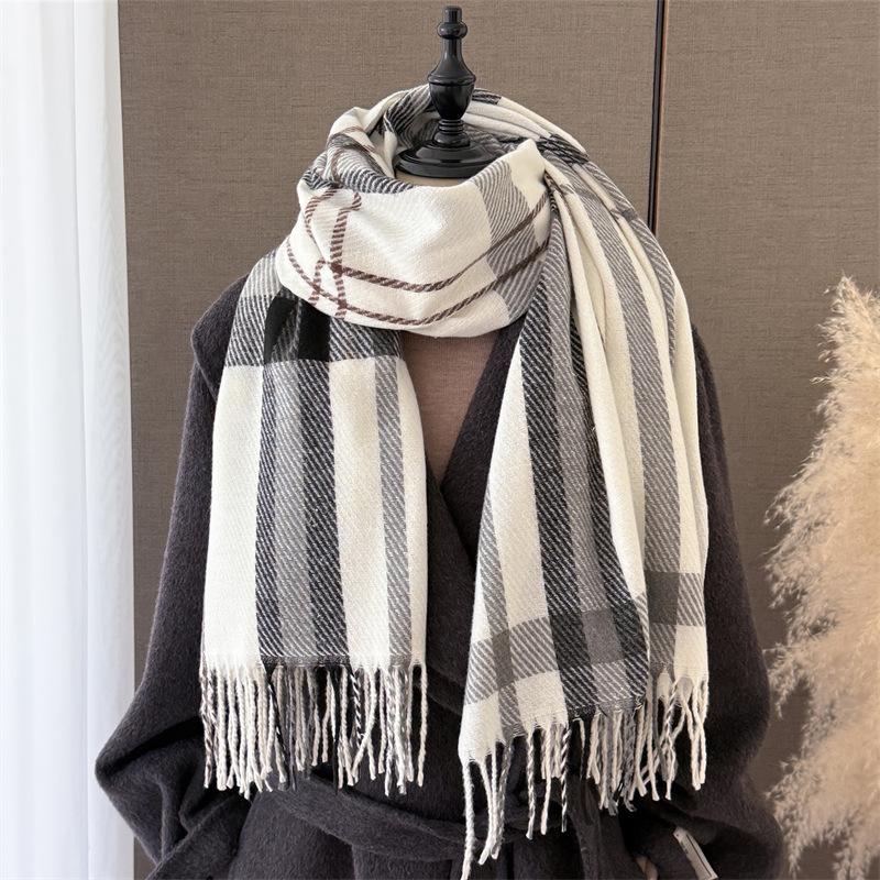Korean Retro Plaid Autumn and Winter Warm and Cold Scarf Shawl Commuting Versatile Couple Tassel Imitation Cashmere Scarf