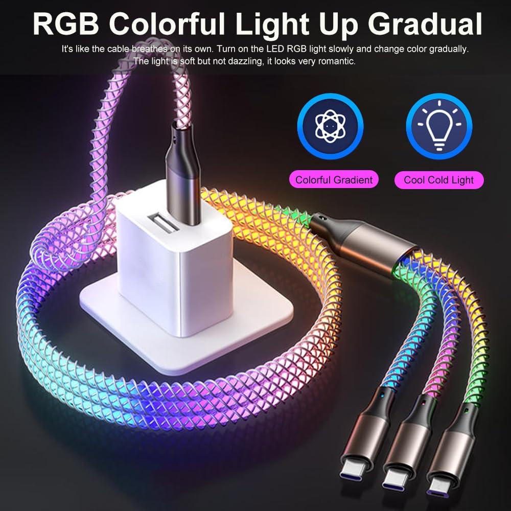 RGB 3-in-1 LED Multi Charging Cable 8Pin USB 3N1 RGB Light Gradual 6A Fast Charging 8pin Micro USB Type-C Data Cord