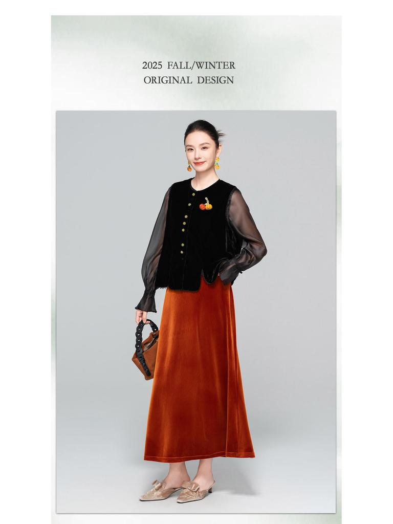 Samt-Fischschwanzrock mit hoher Taille - Damen Schlankmachend A-Linie, Nationalstil, Neu Herbst 2025