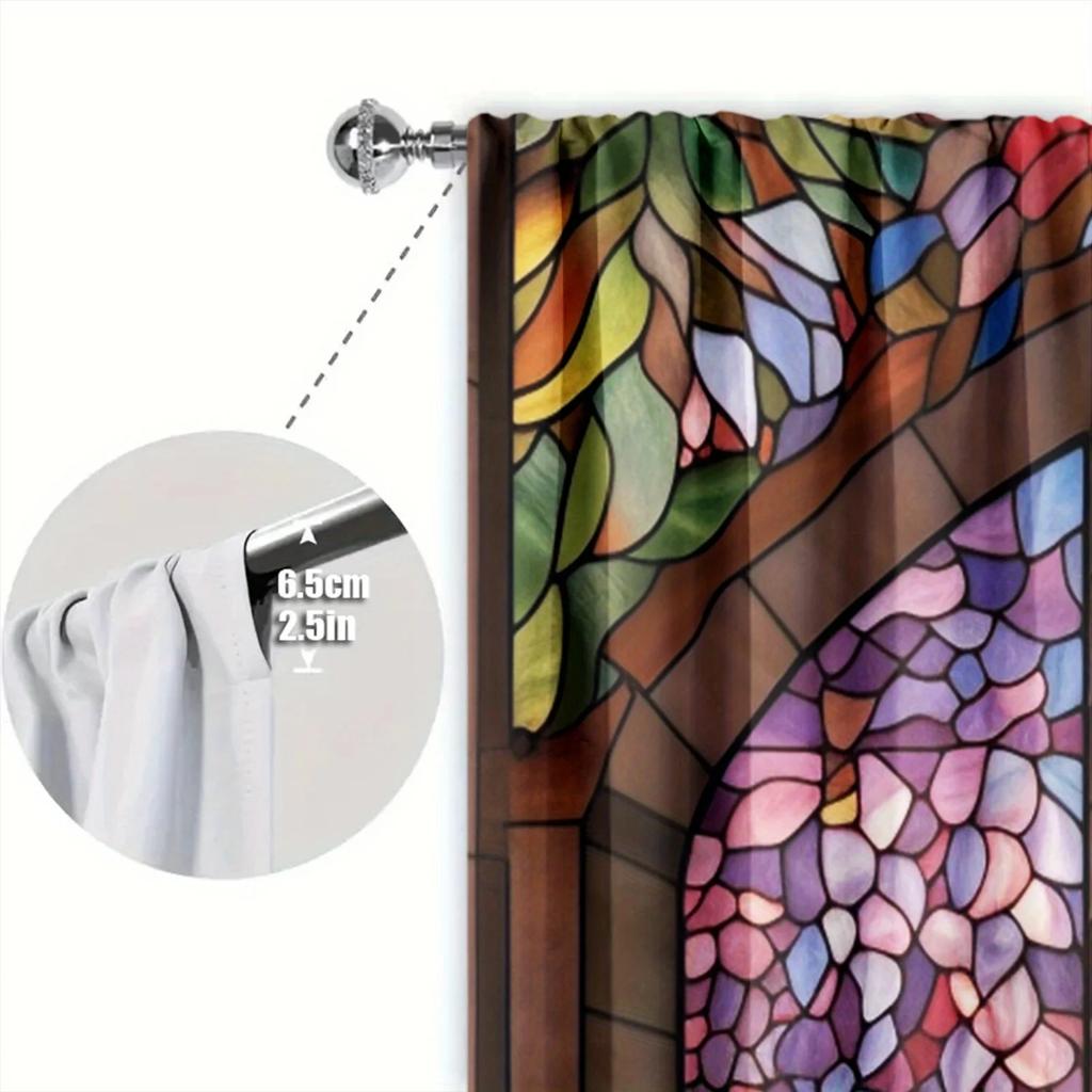 2pcs Wisteria Flower Stained Glass Printed Curtain for Home Decor - Rod Pocket Window Treatment for Bedroom, Office and Kitchen