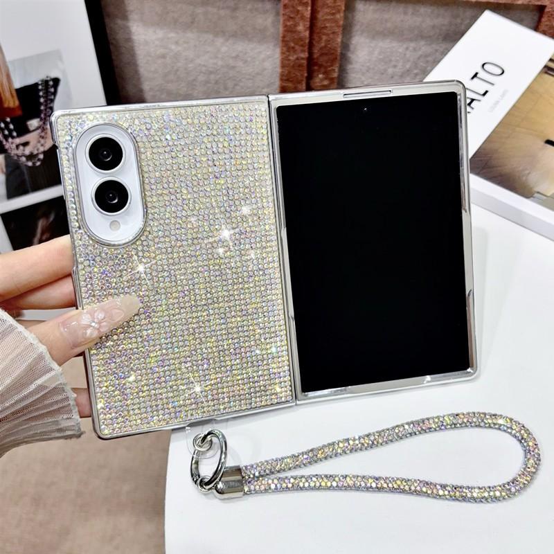 Plně diamantový kryt na telefon Bling pro Samsung Galaxy Z Fold 8 Fold 7 Fold 6 5 4 Fold8 Ultra s třpytivým řemínkem Luxusní pokovený kryt