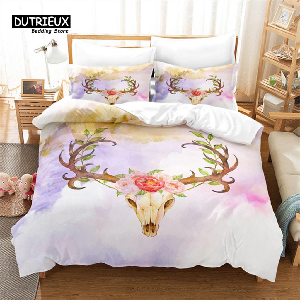 Cartoon Elk Duvet Cover Giraffe Deer Bedding Set Full For Kids Teens Room Decor Wild Animal Floral Quilt Cover With Pillowcases