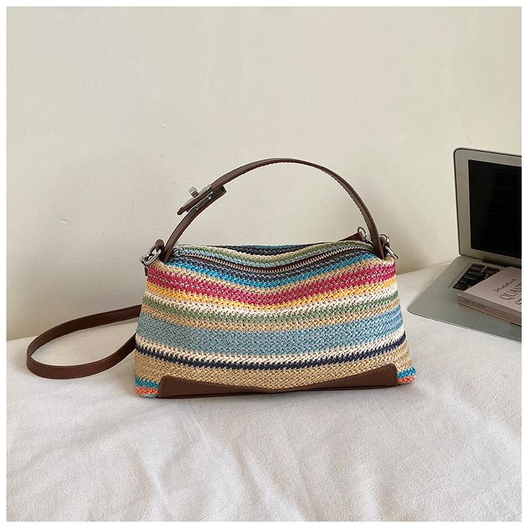 2026 Neue Damen-Strohgewebte Handtasche PU-Patchwork Einzelne Schulter Lässige Crossbody-Tasche Kissenbeutel Damen-Tote
