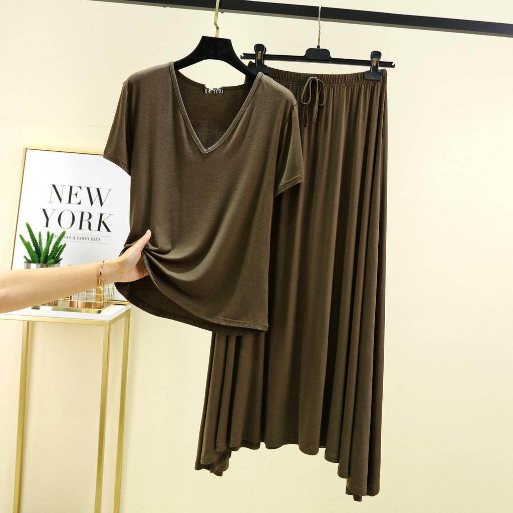 Modal V-Neck Short-Sleeve Midi Skirt Set: Women's Plus Size Korean-Style Casual Two-Piece Outfit