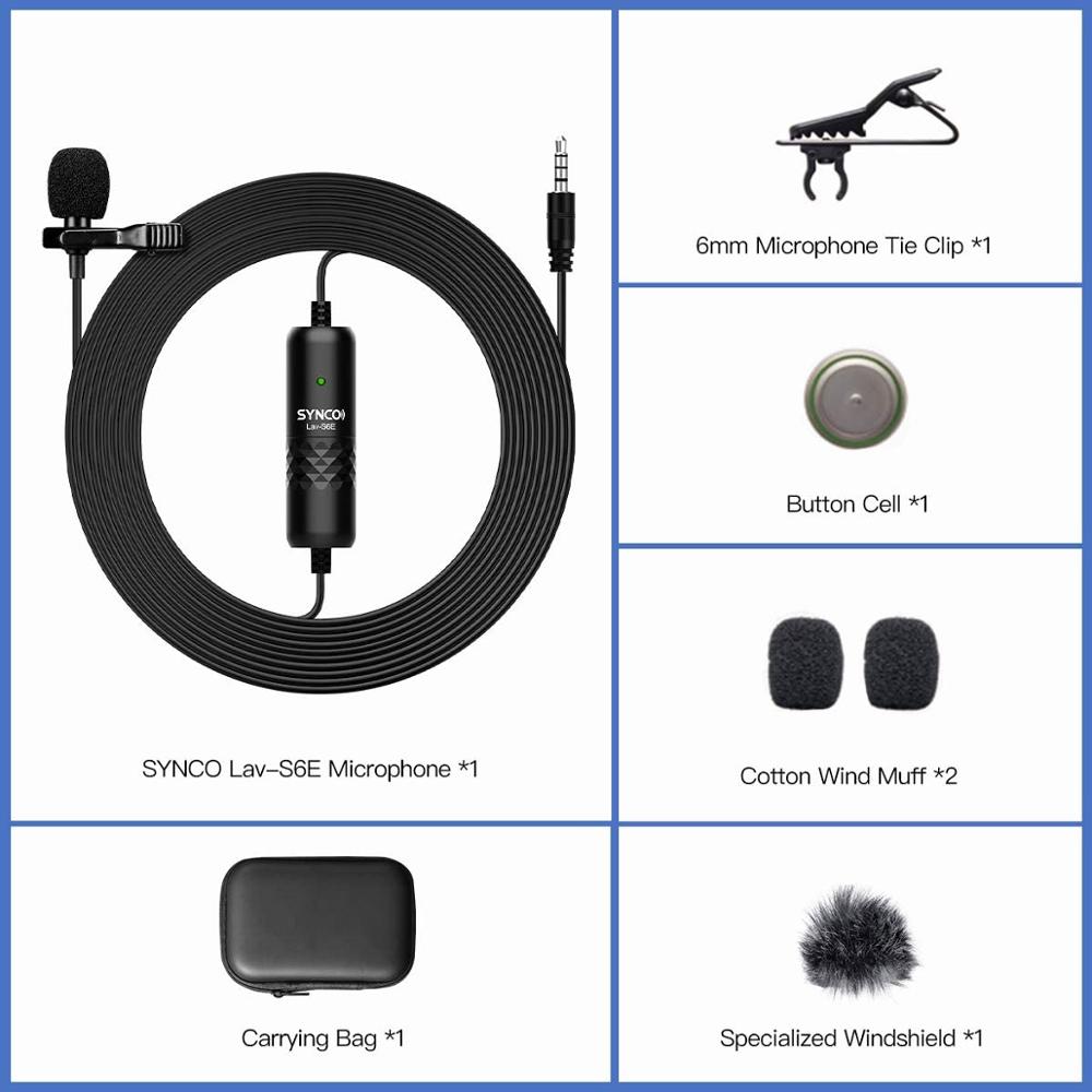 

SYNCO Lav S6E Wired Lavalier Microphone Omnidirectional Condenser Label Microfone Mic, 6M Cord for iPhone Android Smartphone S6E