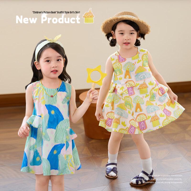 LUSON Girls Printed Ruffled Sleeveless Cotton Dress 120