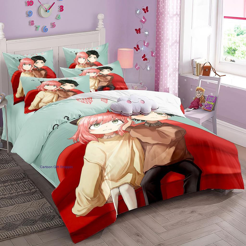 Anime Spy X Family Bedding Set Kawaii Loid Forger Anya Duvet Cover with Pillowcases Girls Boy Kid Set Quilt Cover Set