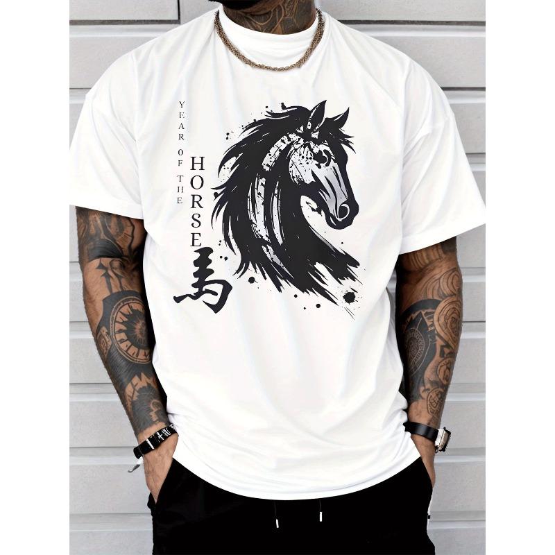 

Европейские размеры Мужская Повседневная Модная Футболка с Коротким Рукавом с Рисунком Голова Лошади Китайский Иероглиф Год Лошади Мужская Мода Уличный Стиль Повседневная S белый