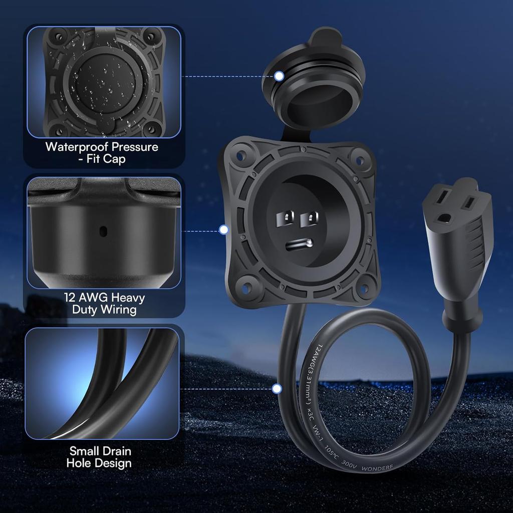 1 Pack 15 Amp RV Shore Power Inlet Socket,125V AC Port RV Plug Receptacles 18" NEMA 5-15 Integrated Extension Cord Waterproof Outlet Electrical