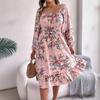 Damen Frühling/Sommer Elegant Floral Quadratischer Ausschnitt Langarm Tailliert Rüschen A-Linien-Kleid