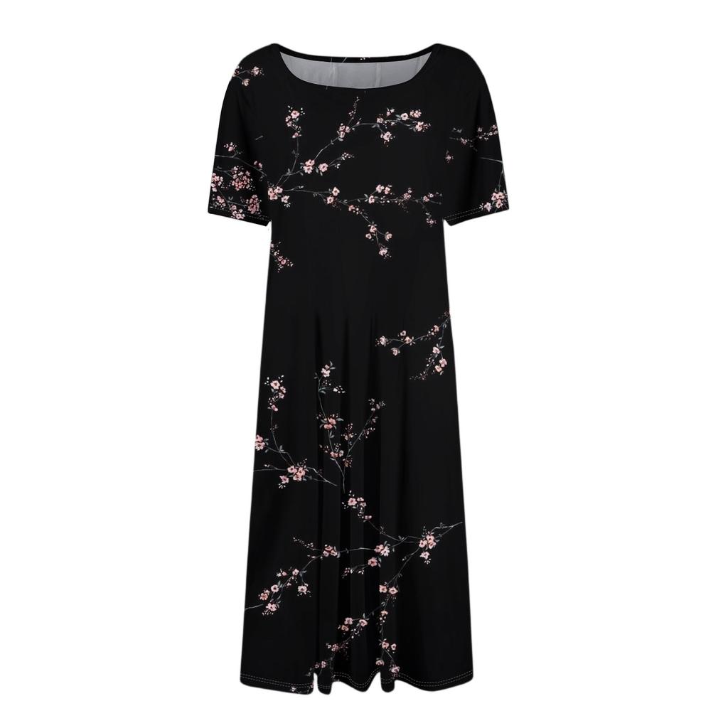 Women's Casual Fashion Round Neck Short Sleeve Floral Print Midi Dress