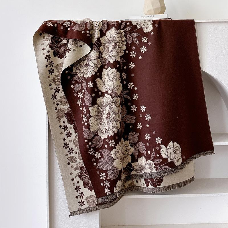 Retro Printing Flower Temperament Simple And Versatile National Style Scarf Shawl Cape Warm Jacquard Women'S High-End Trend