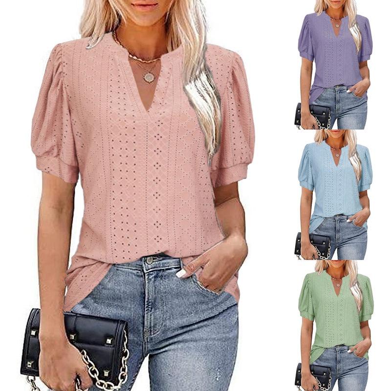 Women's V-neck Tops Short Sleeve T-shirts With Cut Out Lace Detail