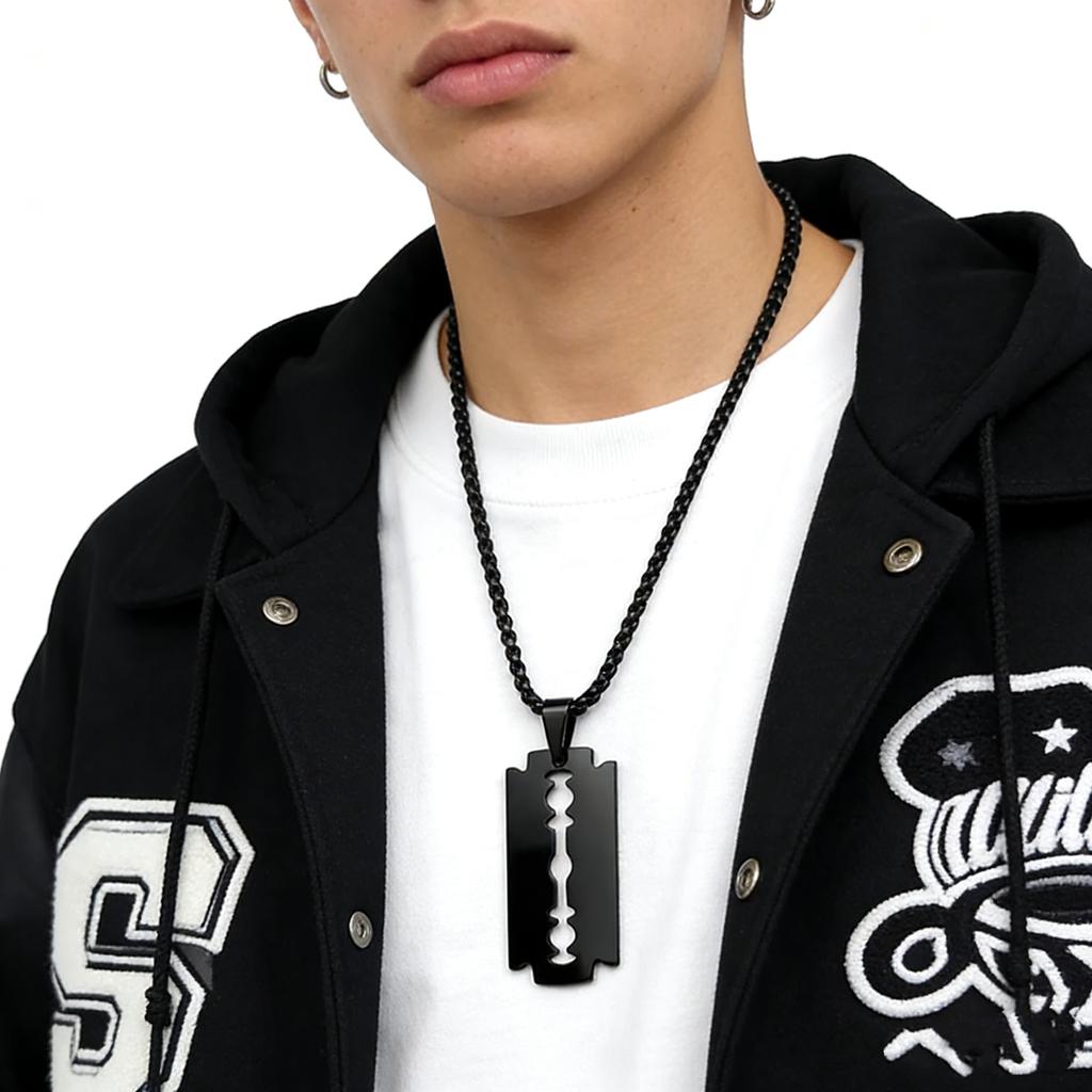 Gothic Blade Razor Pendant Necklaces Men Stainless Steel Black Goth Male Chain Necklace Grunge Y2k Emo Jewelry Collier Homme