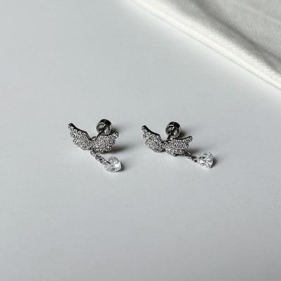 Diamond Angel Wings Heart Zircon Earrings - Titanium Steel Studs for Women