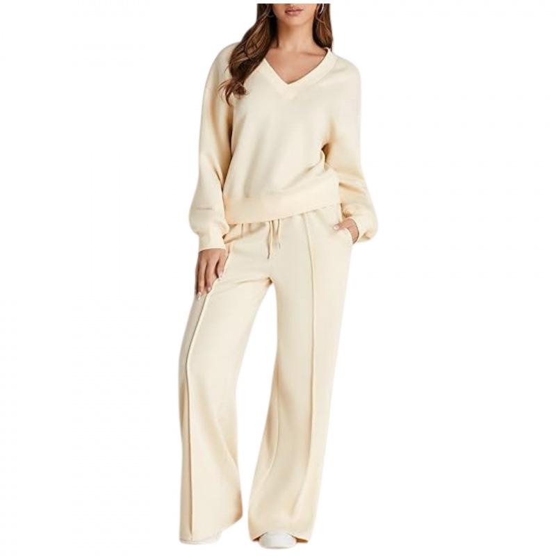 Conjunto Casual de Sudadera de Color Sólido con Cuello en V y Pantalones Largos para Mujer Otoño/Invierno 2025 - Moda Europea/Americana