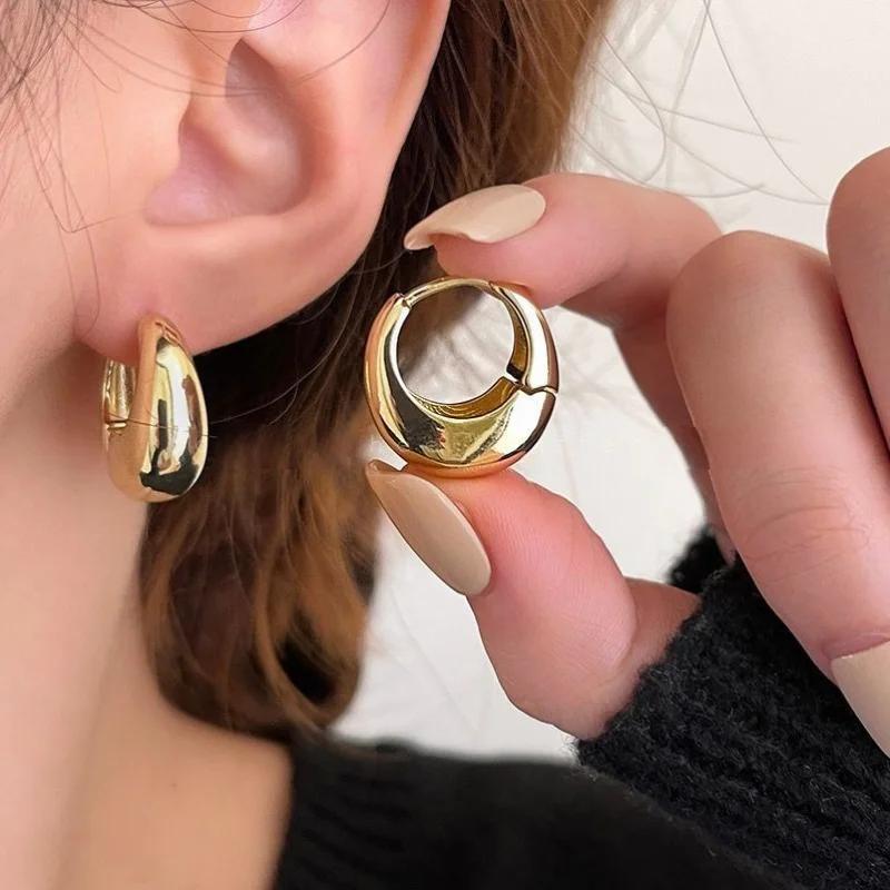 Vintage Chunky Dome Drop Earrings For Women Gold Plated Stainless Steel Round Circle Hoops Earrings Prevent Allergy Zircon Gift