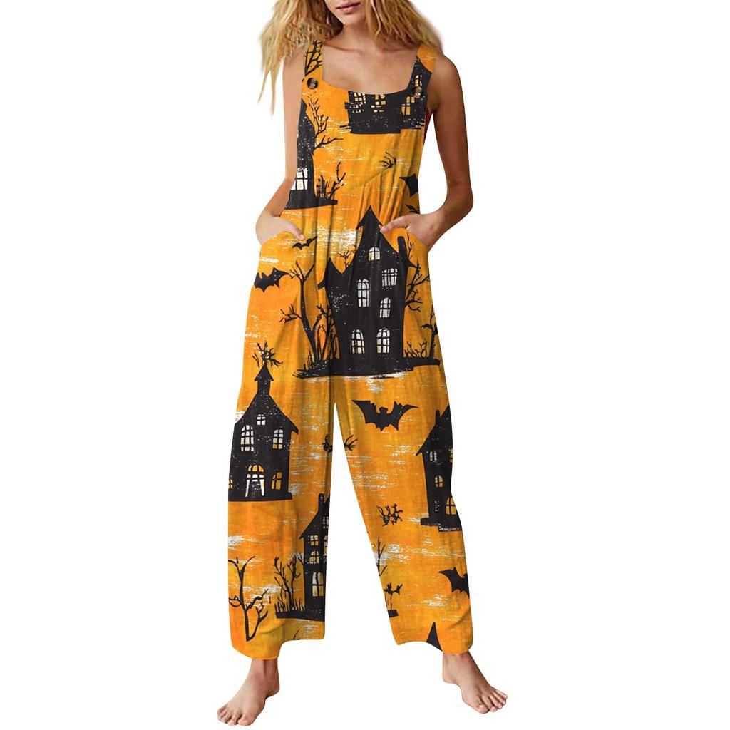 Women's Casual Jumpsuit Sleeveless Halloween Printed Cotton Jumpsuit