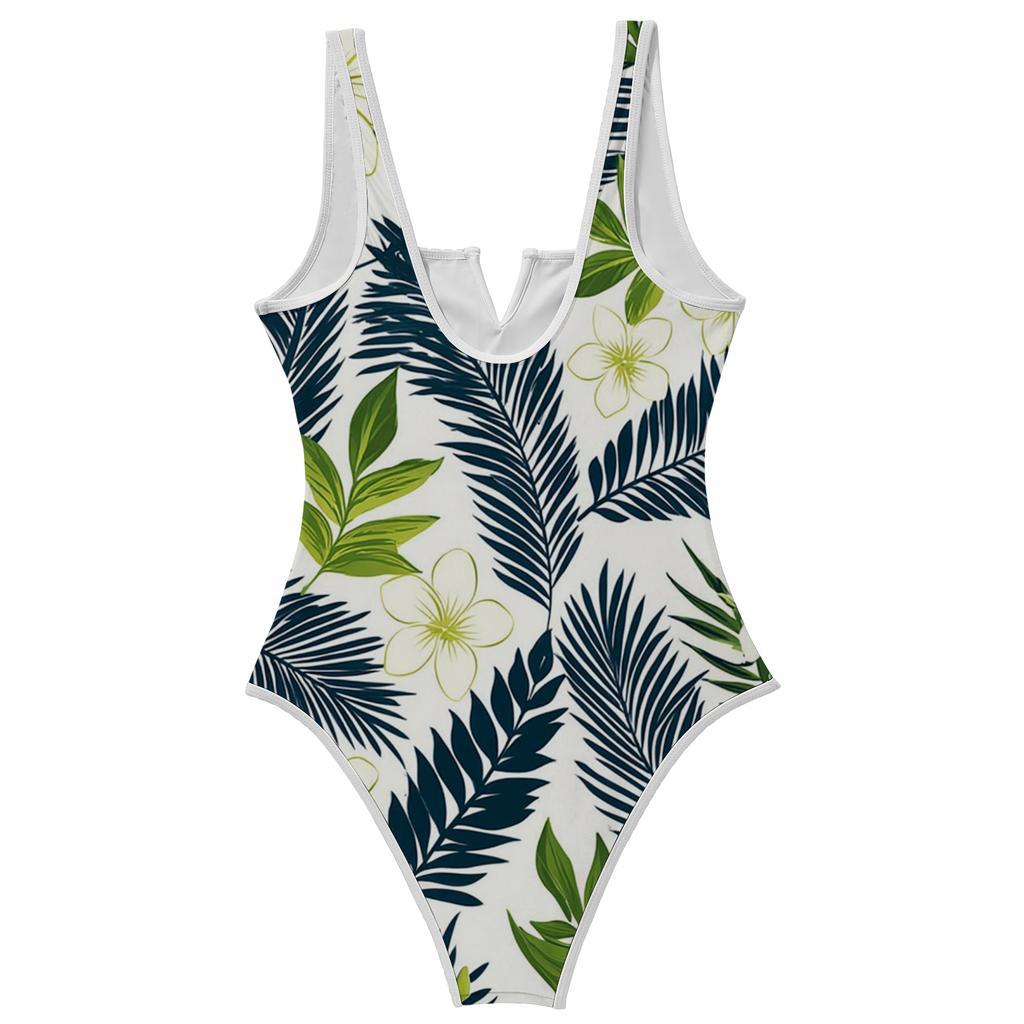 Swimsuit for Women Tropical Leaf Print Deep V Neck Bathing Suit Wide Strap Backless Swimwear