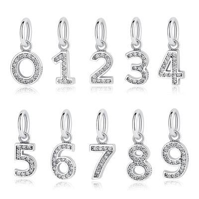 100% 925 Ayar Gümüş Charm Boncuk Numaraları 0-9 Kolye Charms Fit Moda Bilezikler Kolye Diy Kadınlar Takı