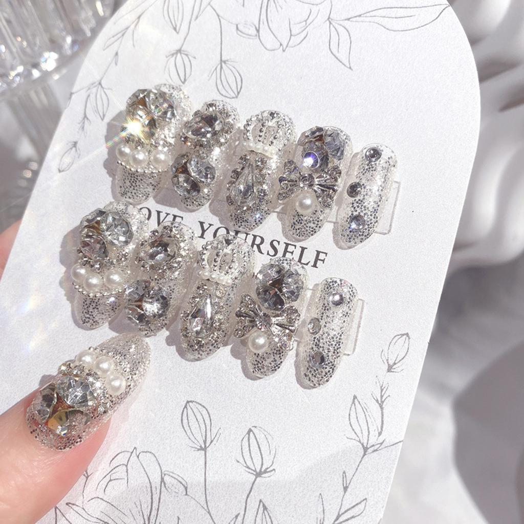 U36 24pcs Full Rhinestones Bridal Press-on Nail Long Lasting Full Coverage Pearl Fake Nail Matching with Bracelet and Necklaces