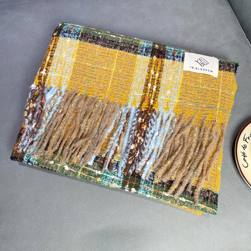 Korean Style Plaid Mohair Scarf - Women's Winter Imitation Cashmere Shawl