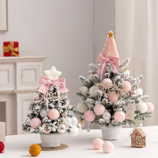 Mini Snow Flocked Christmas Tree Tabletop Artificial Christmas Tree with LED Lights Small Pine Tree with Balls And Bow for Desk Windowsill Decor