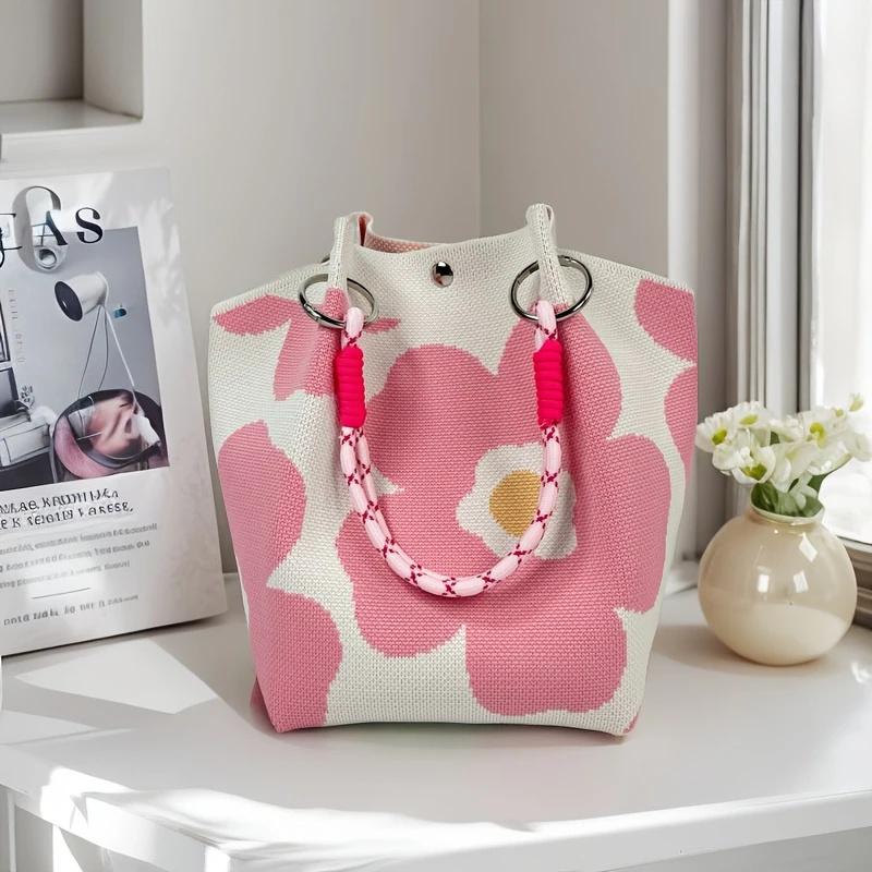Women'S Vintage Floral Knit Tote Bag Storage Bag Lightweight With Adjustable Straps & Metal Rings Snap Closure For Casual Travel