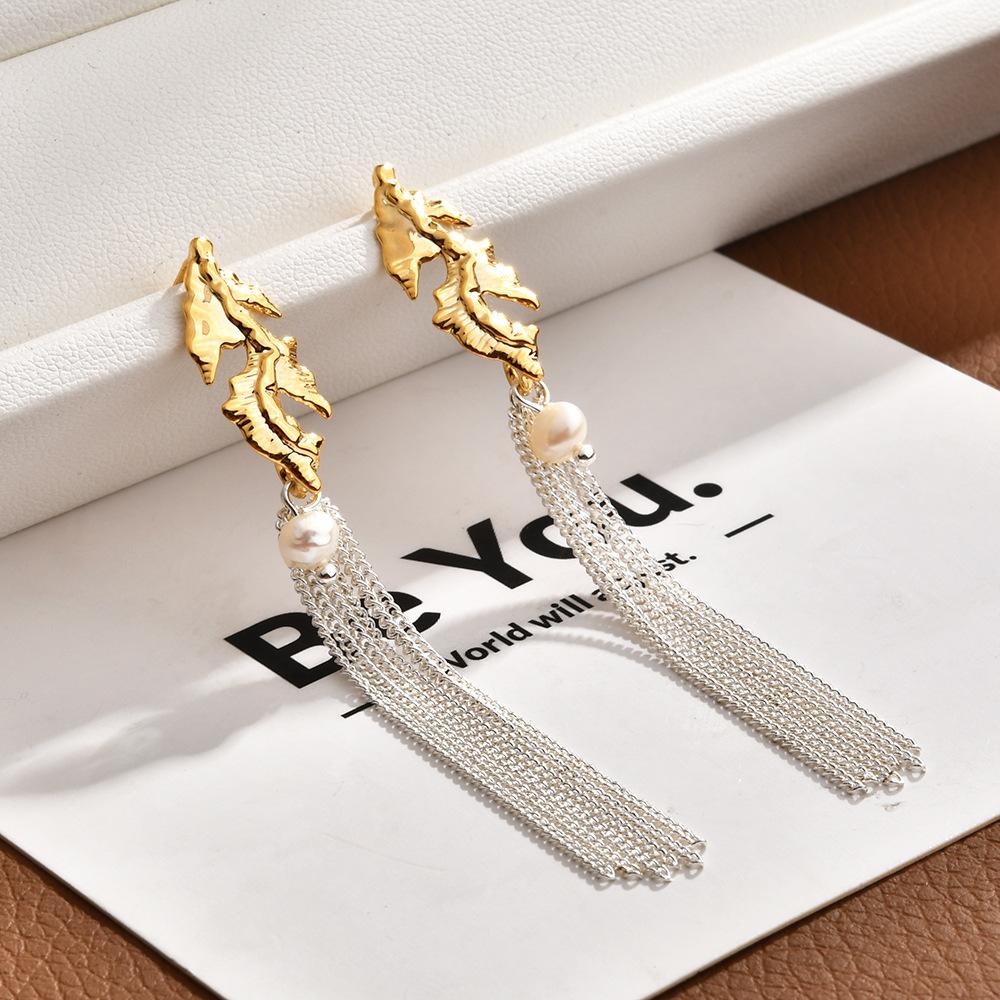 Elegant Long Tassel Chain Earrings, Luxury Pearl Drop Studs for Vacation