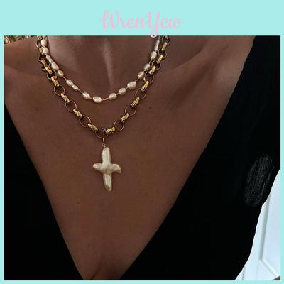 Vintage Pearl Cross Necklace With Geometric Pendant For Women