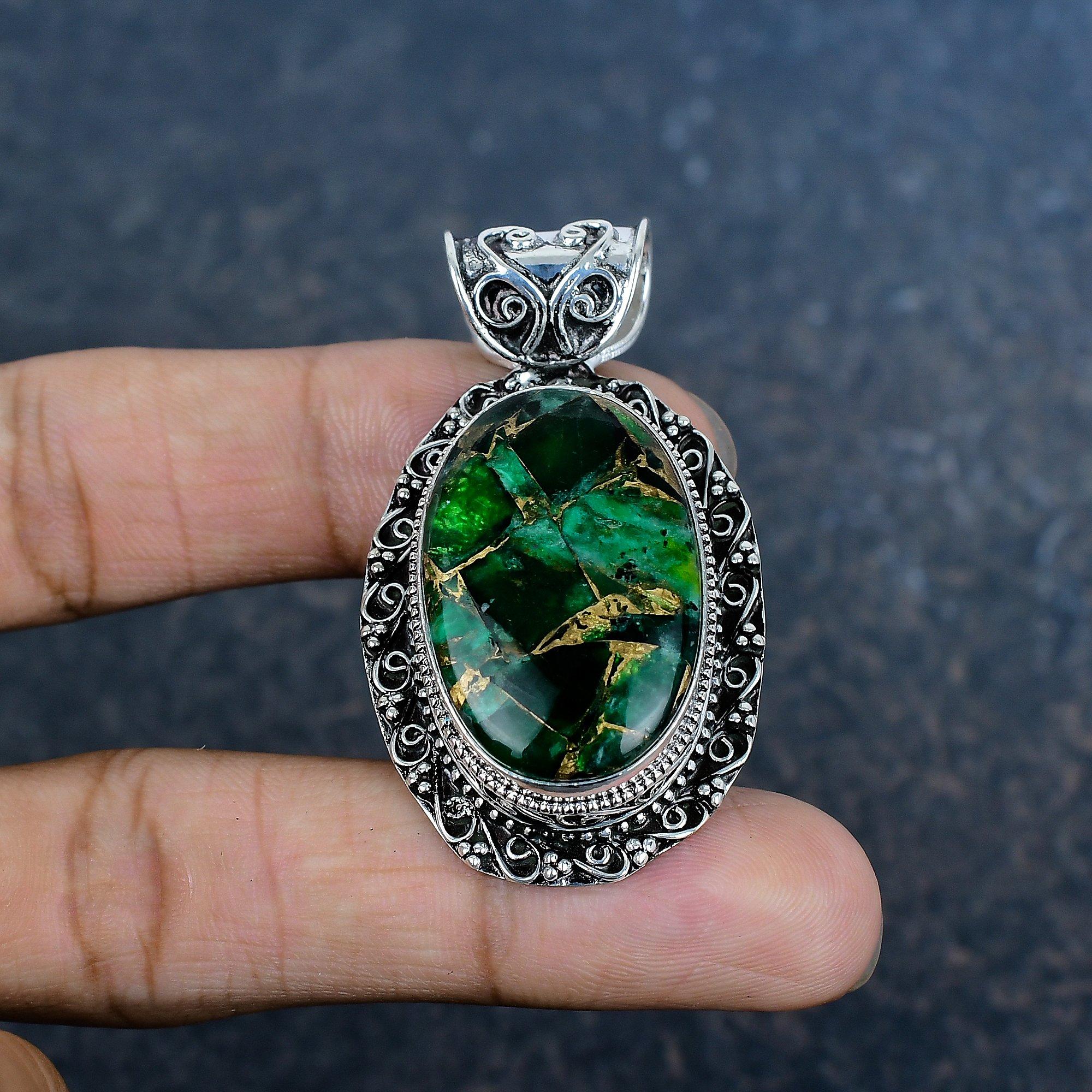 

Зеленая медная бирюза Ручная работа Ювелирные изделия из драгоценных камней, Подвеска из стерлингового серебра 925 пробы Красивые ювелирные изделия, На День благодарения 2.04 Inches