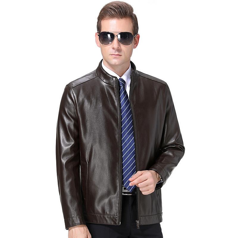 Autumn and Winter New Jacket Men's Sheepskin Versatile Business Casual Middle-aged and Elderly Stand-up Collar Plus Velvet Leather Jacket for Men