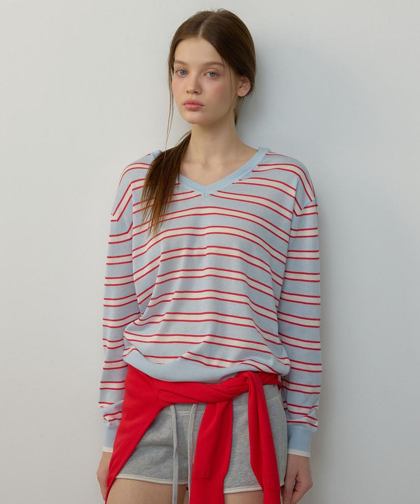 CITYBREEZE Linen V-Neck Striped Pullover Knit_Blue