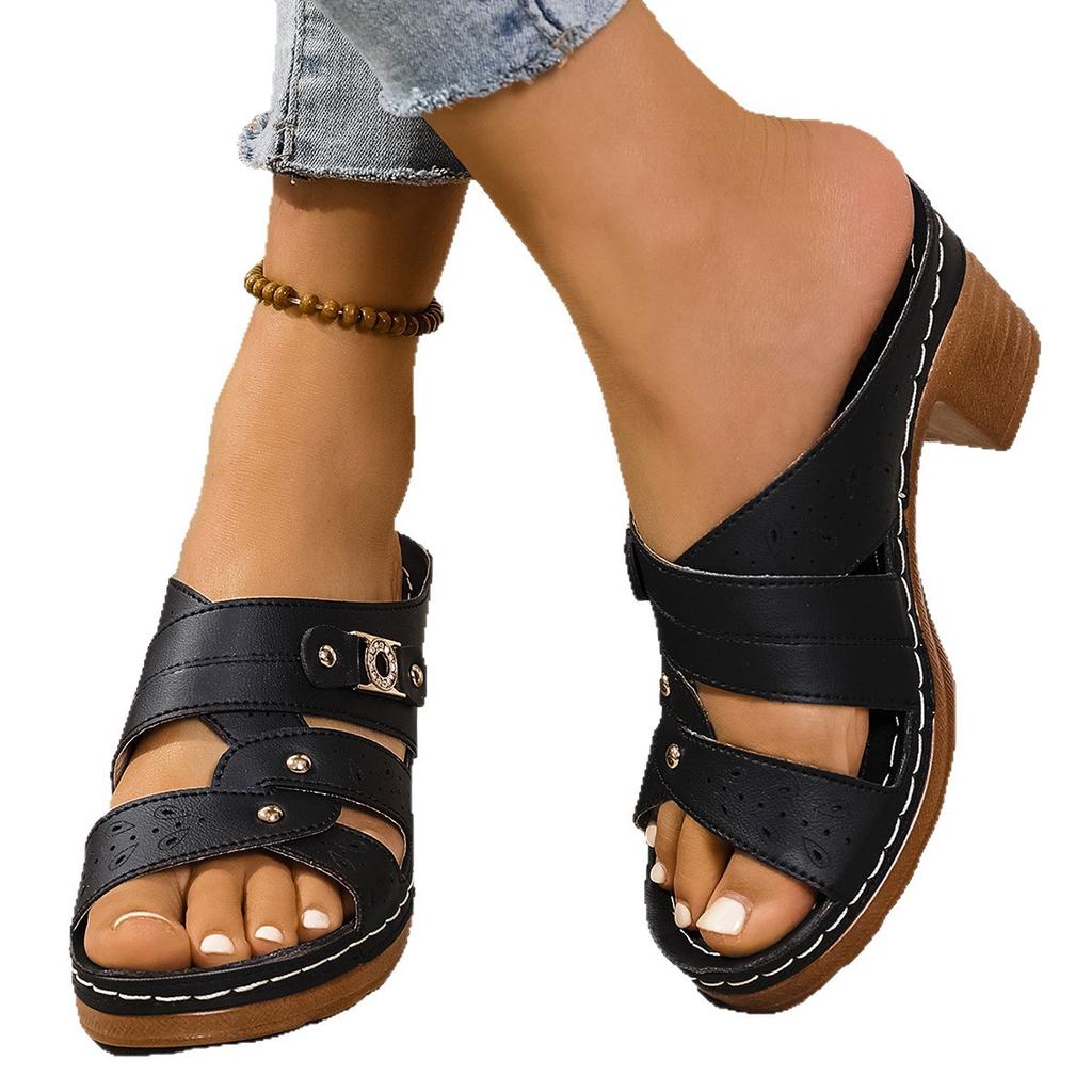 Shoes high-heeled platform fish mouth slippers one-word new summer large-size high-heeled slippers
