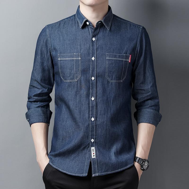 

Fashionable Men s Denim Long-sleeved Shirts, Spring and Autumn Handsome Casual Iron-free Shirts, Coats, Work Jackets 4XL